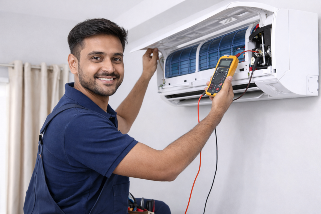 AC technician repairing split AC unit at home in Dwarka
